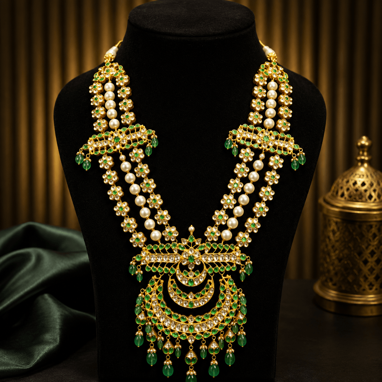 Grand Emerald & Pearl Kundan Polki Layered Chand Haar — Siddhivinayak Jewellers